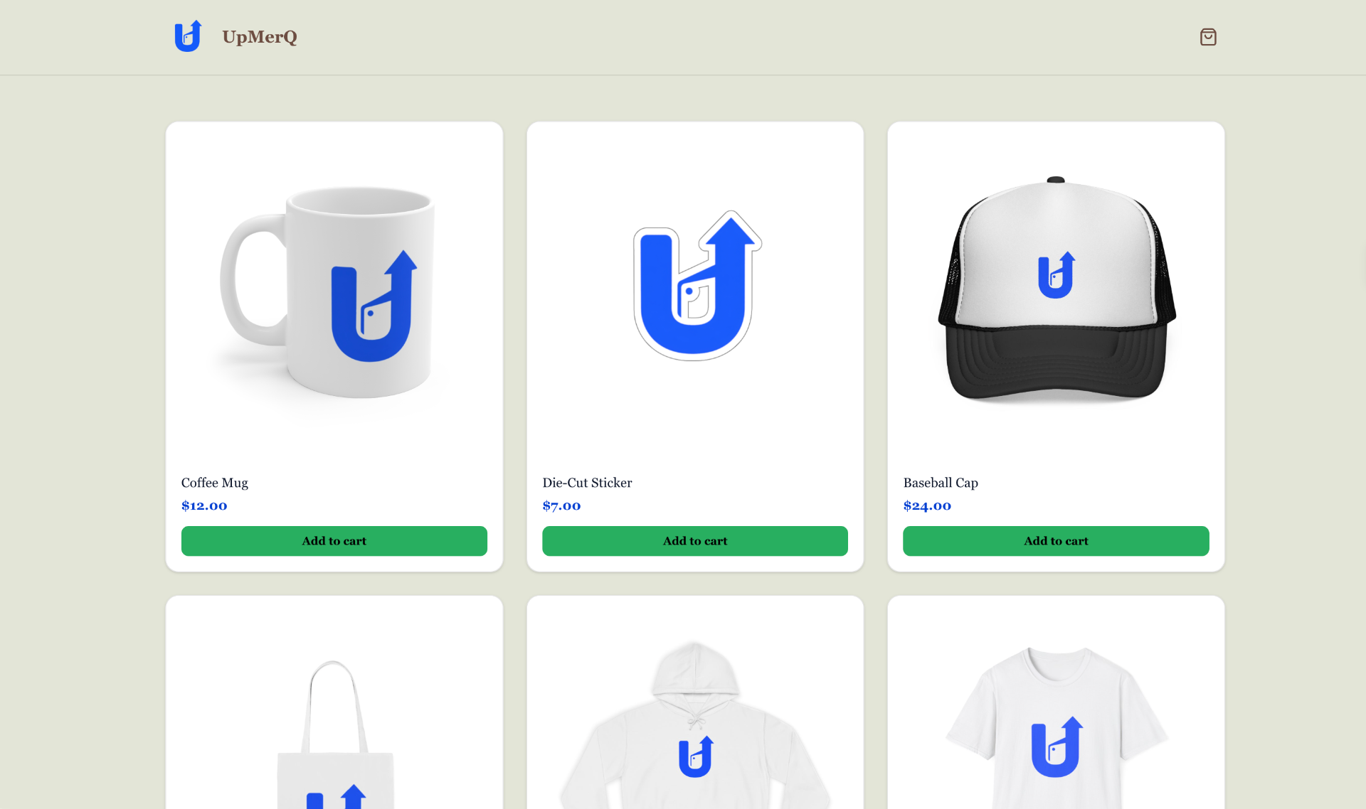 Example UpMerQ branded storefront showing merchandise products